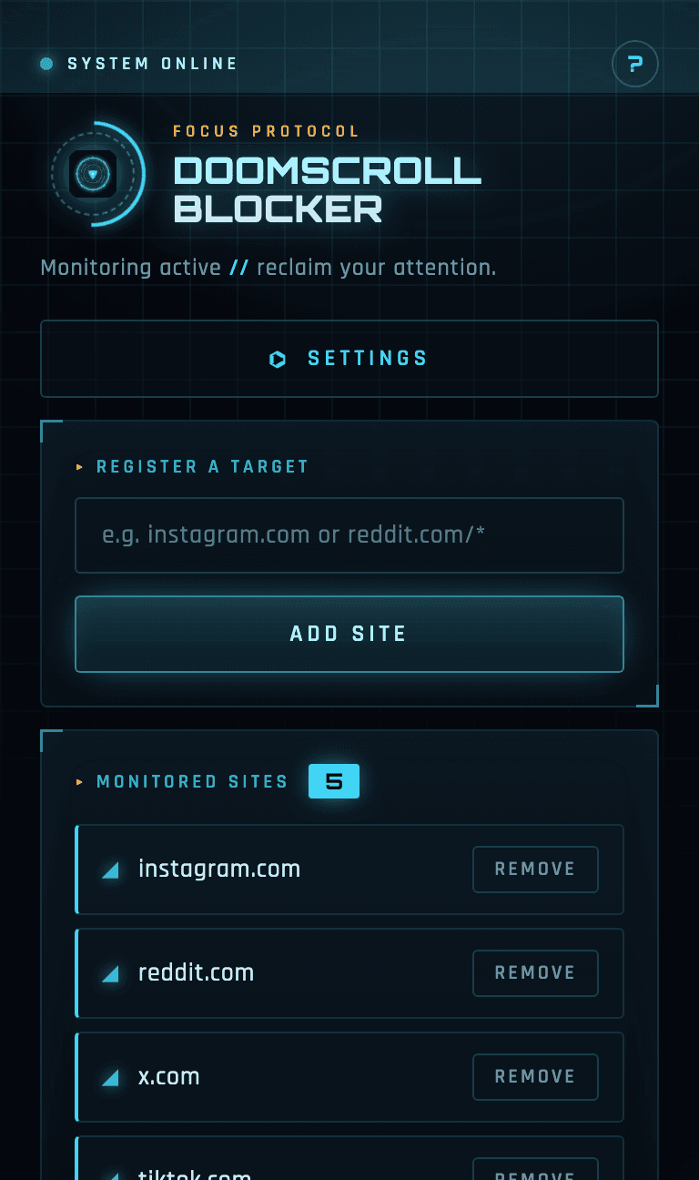 Doomscroll Blocker popup — dark HUD with monitored sites